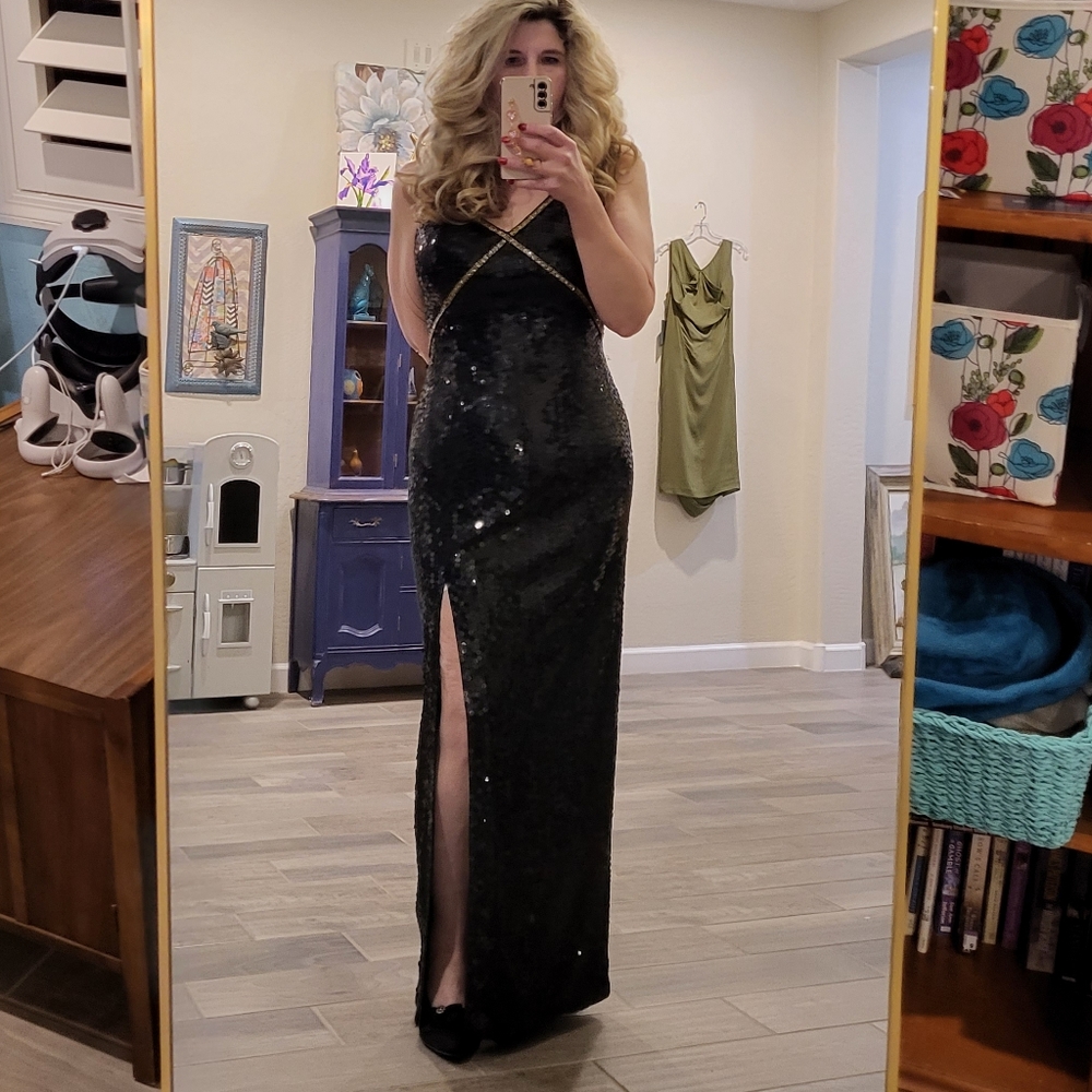 Scala Black Sequin Formal Gown With Gold Sequin B… - image 1